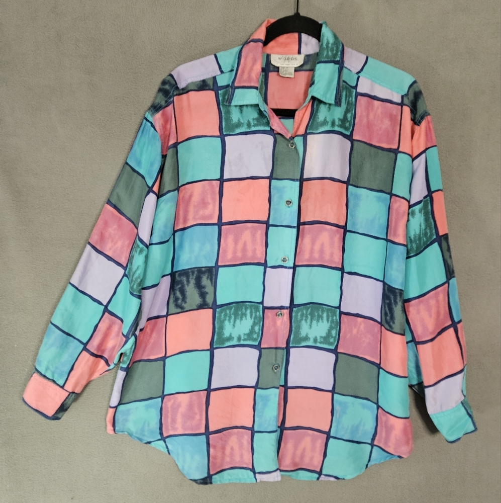 Words Paris Sport Club Medium 90s 80s 100% Silk Funky Art-to-Wear Blouse Shirt